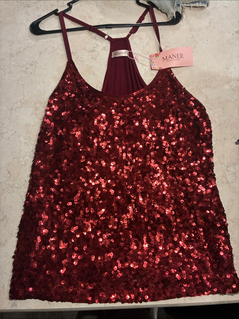MANER Red Sequin Bandeau Tank Top